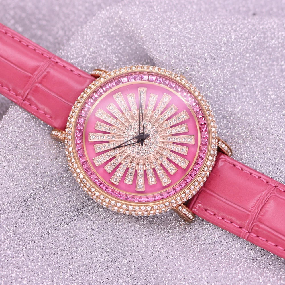 Davena Lady Women's Watch Spin Crystal Rhinestones Hours Fashion Real Leather Bracelet Luxury Girl's Birthday Gift Box