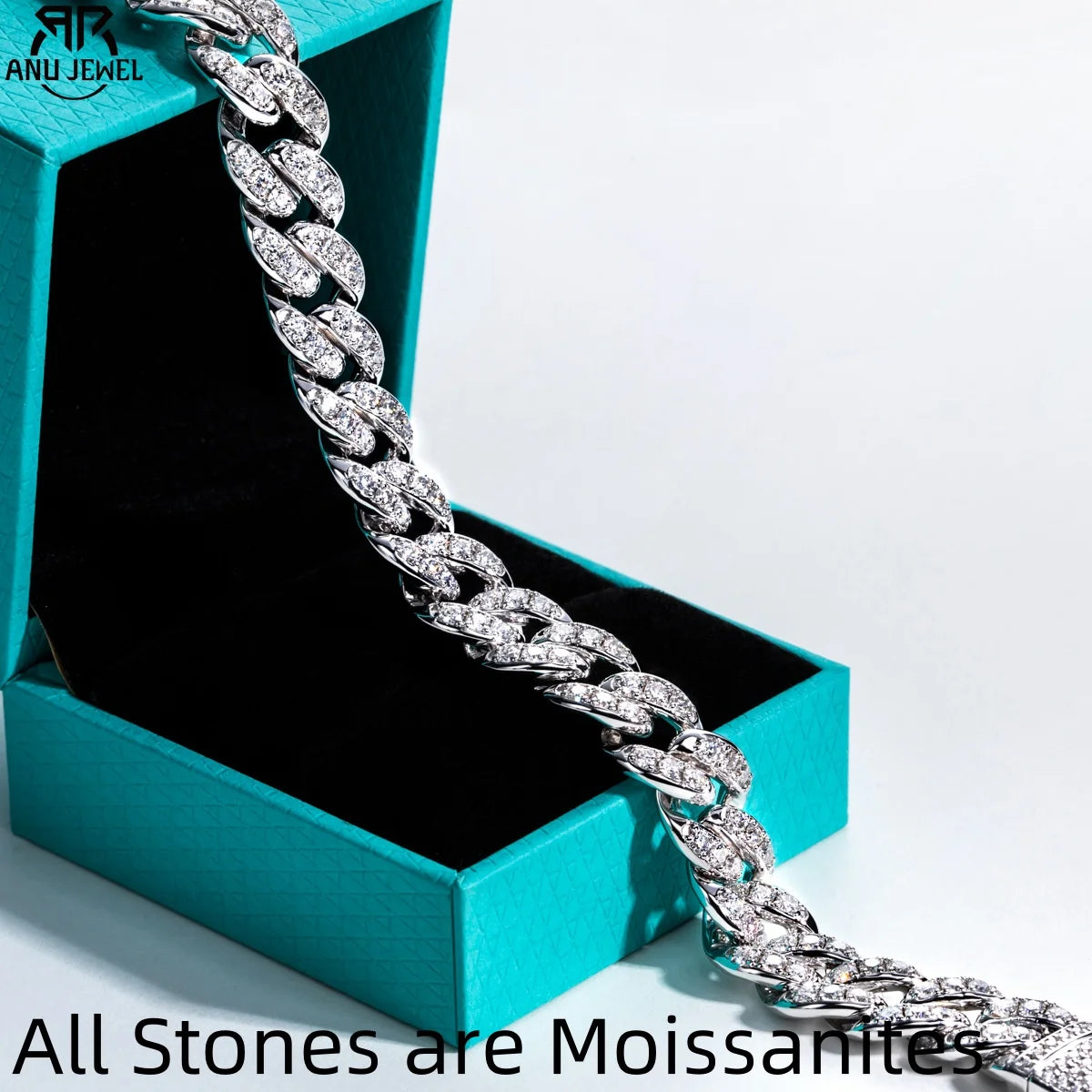 AnuJewel Moissanite Cuban Bracelet Hip Hop 925 Sterling Silver 1.2mm/1.5mm/2mm Flashy Heavy Metal Statement for Men & Women