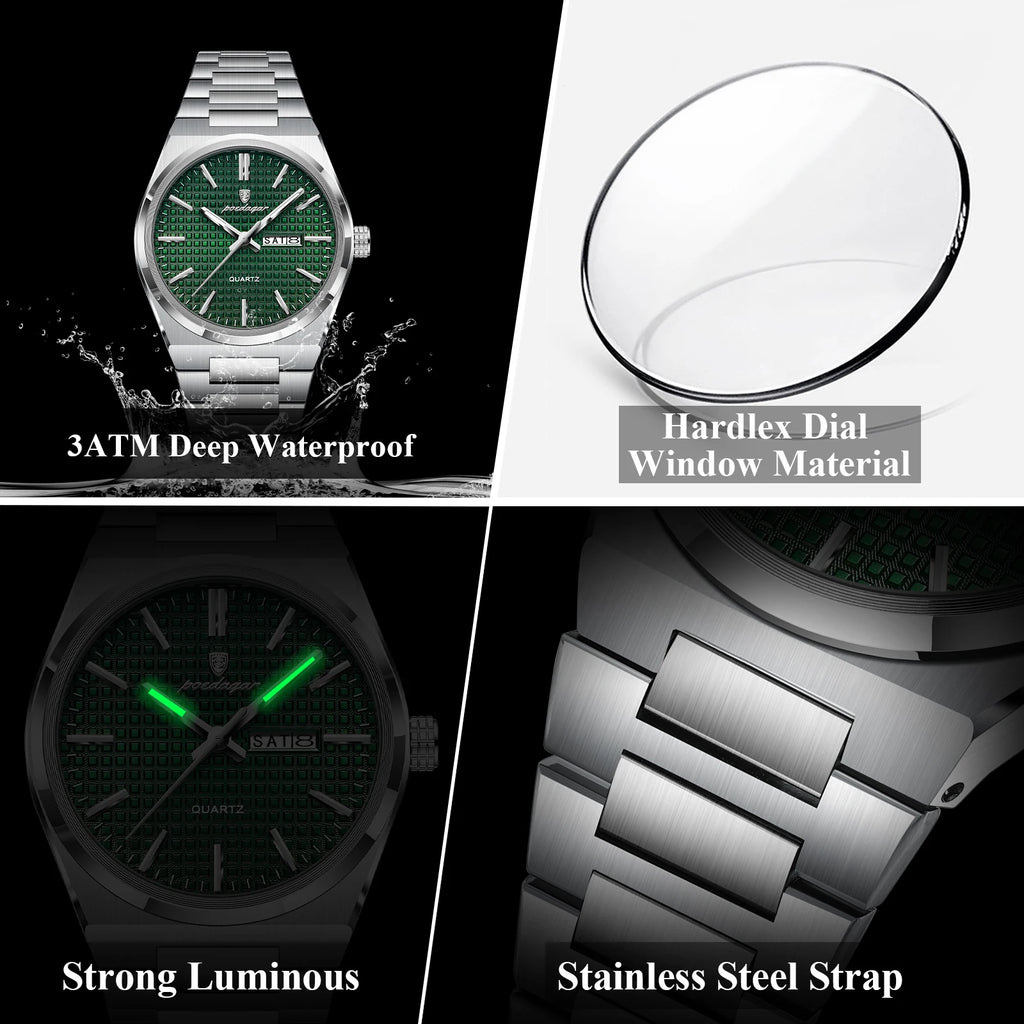 POEDAGAR Top Original Quartz Men Clock Waterproof Luminous Stainless Steel Man Wristwatch Date Week Business Men's Watches Reloj