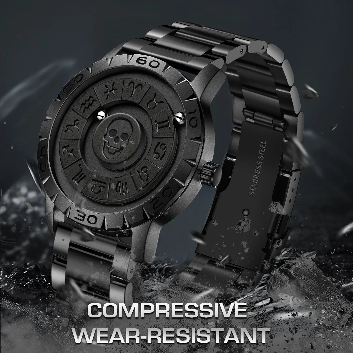 FOXOBOX New Original Luxury Skull Scrolling Pointer Magnetic Force Watch Men Military Sport Waterproof Quartz Wristwatch Clock