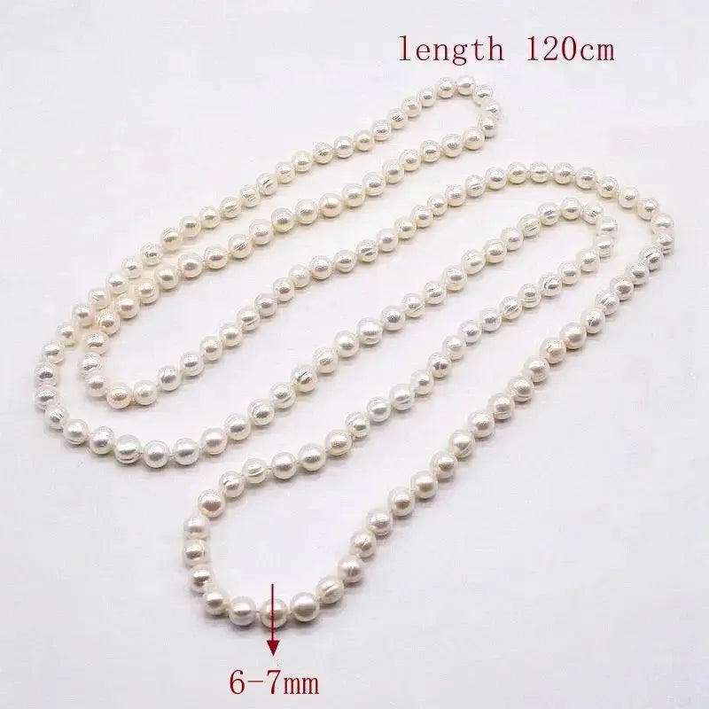 Pearl Long Necklace Natural Freshwater White Pearl Long Sweater Chain Engagement Dress Necklace Women Long Necklace