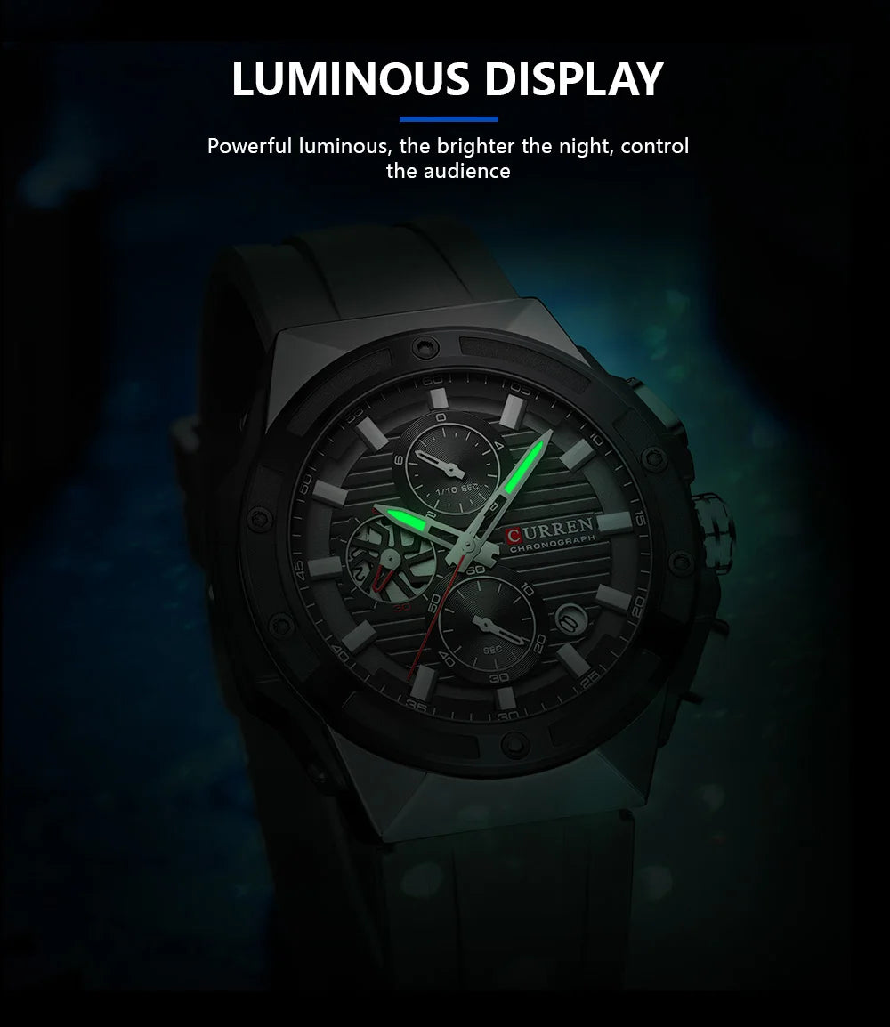 CURREN Classic Brand Men's Wristwatches Casual Business Quartz Silicone Watches with Luminous Hands Chronograph Dial