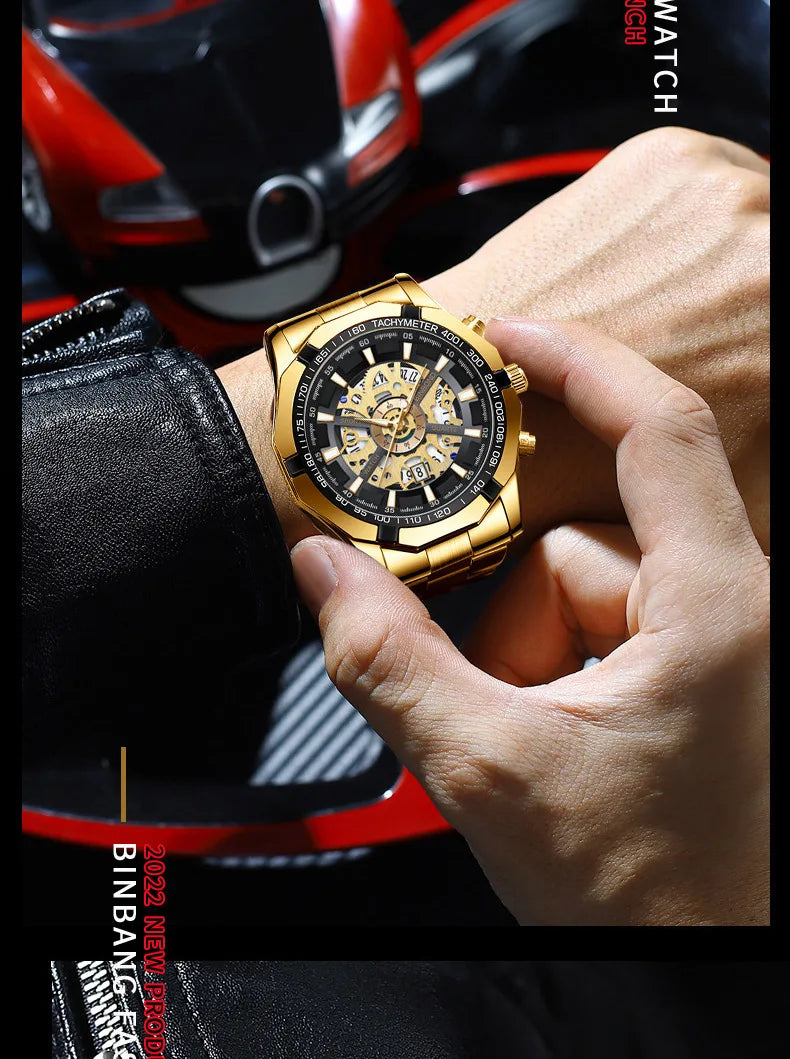 UTHAI Men Watch Light Luxury Brand Business Hollow Luminous Waterproof Stainless Steel Metal Strap Male fashion Quartz Watches