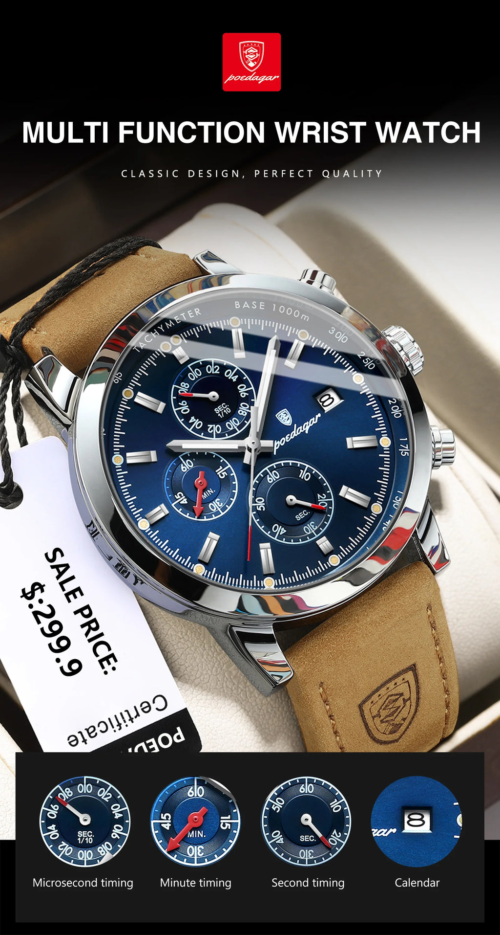 POEDAGAR Luxury Trendy Man Watch Date Waterproof Luminous Chronograph Men Watch Sports Male Stylish Leather Men's Quartz Watches