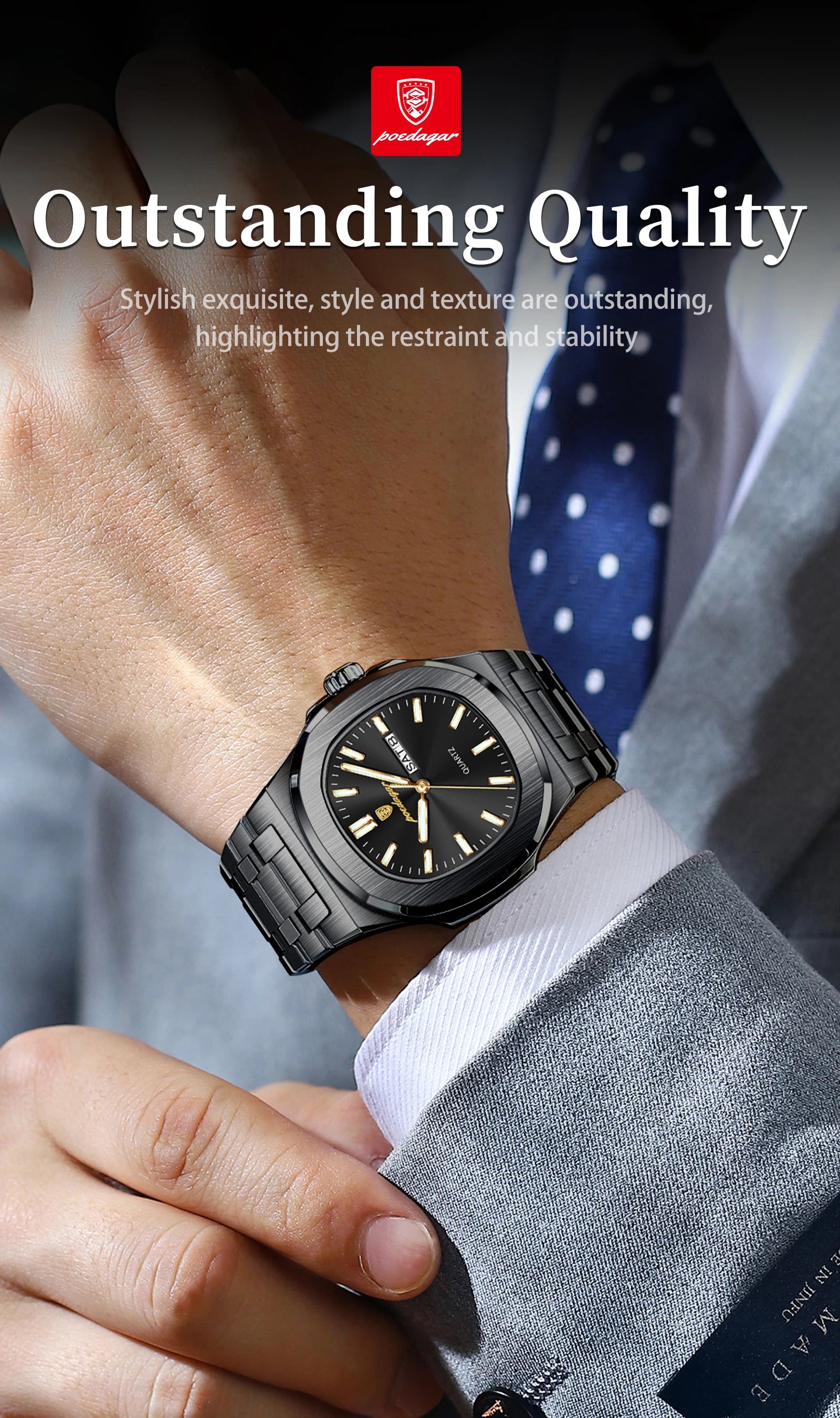 POEDAGAR Original Square Watches For Men Week Date Stainless Steel Man Watch Luminous Waterproof Luxury Men's Quartz Wristwatch