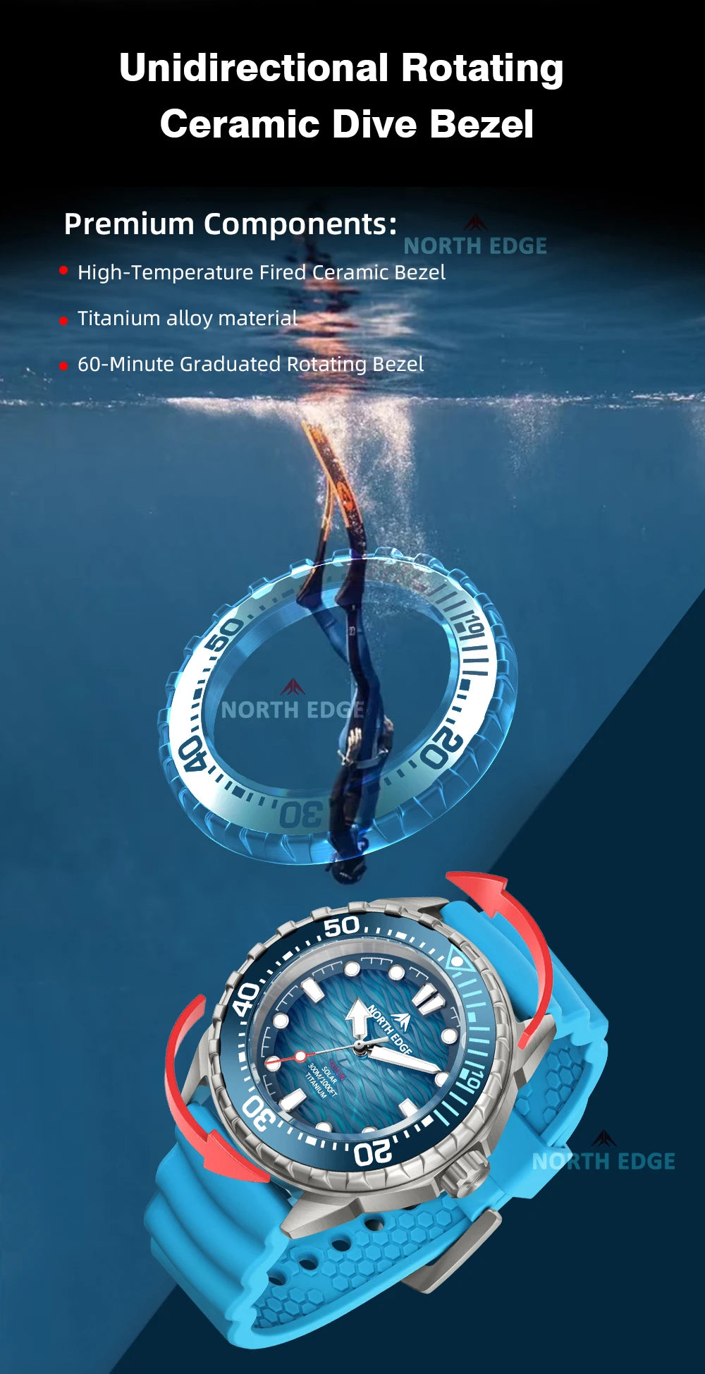 NORTH EDGE TRITON-TI Titanium Solar-Powered Diving Watch High Quality Quartz Watches for Man NEW 300M Waterproof Men Watch Reloj