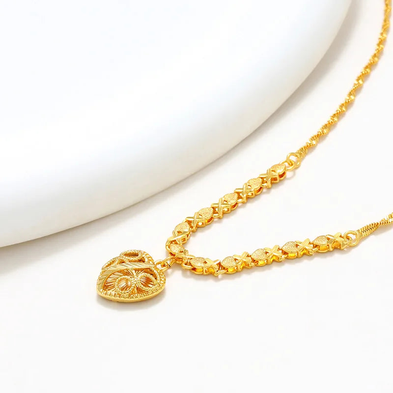 Fashion 24K real gold Heart pendant water wave chain collar senior sense 999 gold vintage quality exquisite love necklace women