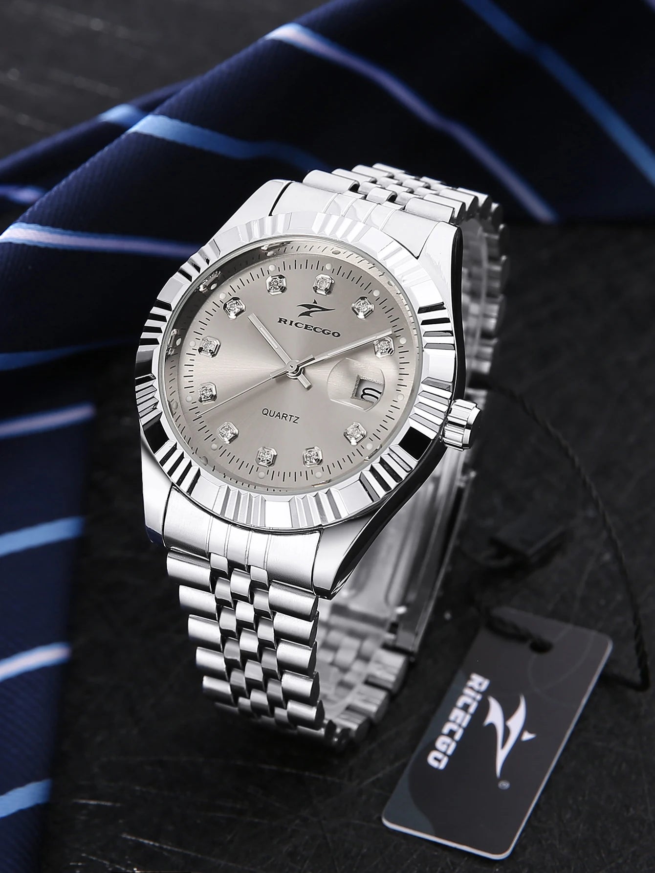 Business men's quartz wristwatch calendar display with diamonds showcases unique taste, making it the perfect gift for him