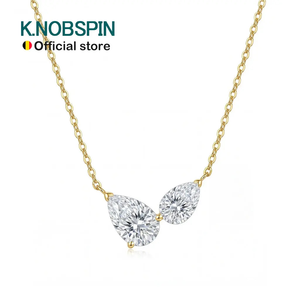 Knobspin Pear Cut Moissanite Necklace for Women 2 Gems Pendant 925 Sterling Silver Anniversary Necklaces for Her Jewelry Gift
