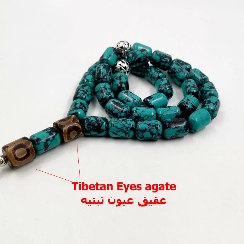 Tasbih Natural Mongolia Turquoises Big Size beads with Tibetan eyes agates stone muslim prayer beads Bracelet islamic Eid gift