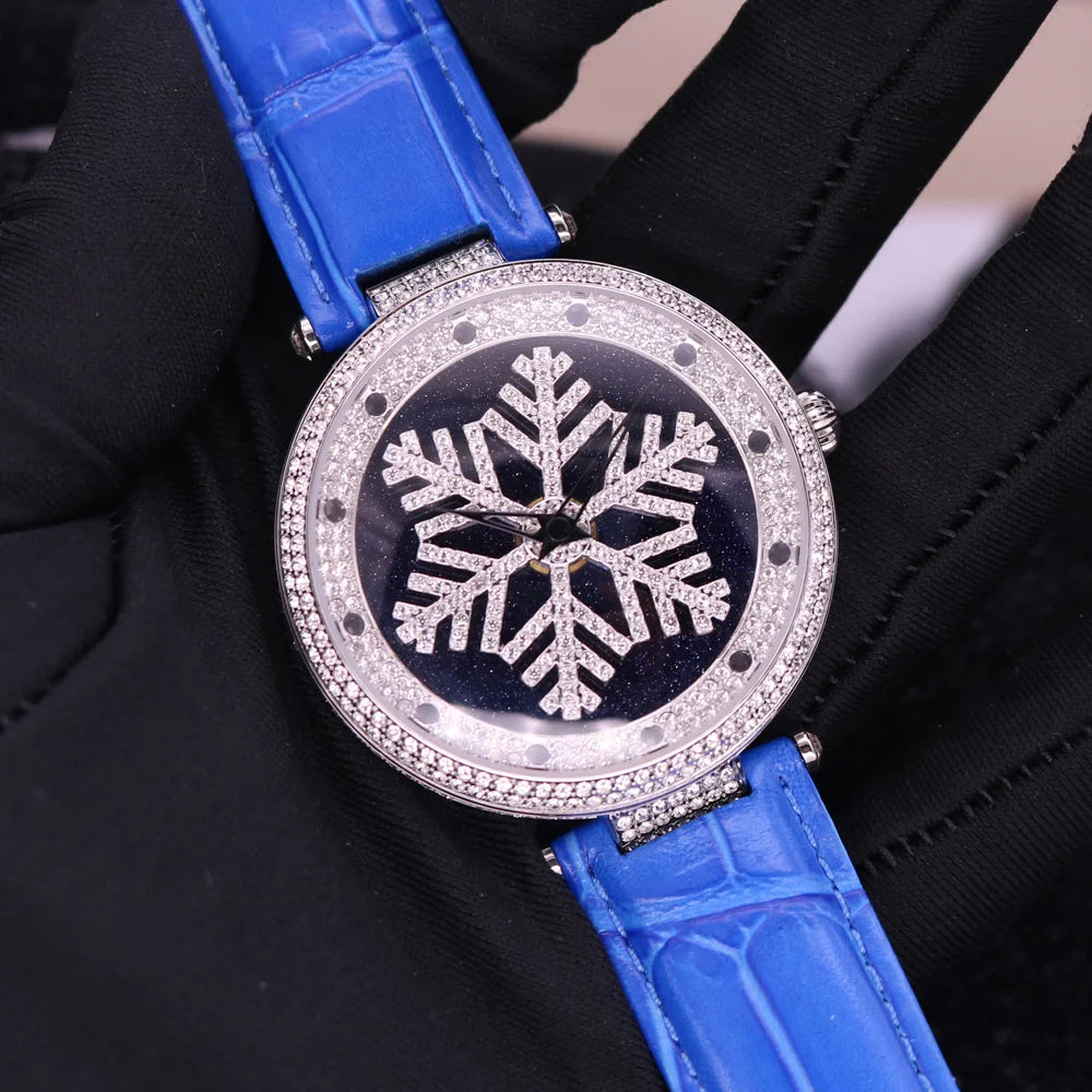 Davena Lady Women's Watch Spin Crystal Rhinestones Hours Fashion Real Leather Bracelet Luxury Girl's Birthday Gift Box