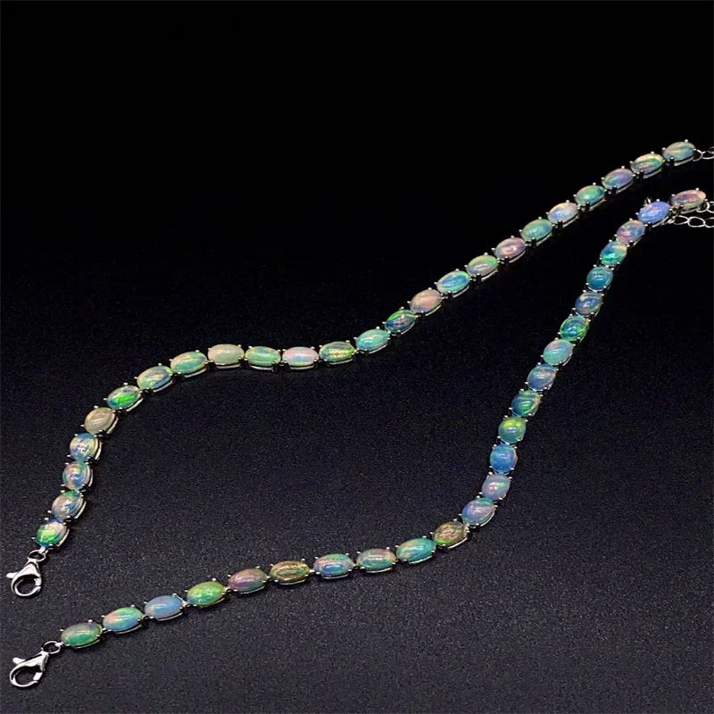 925 Sterling Silver Natural Opal Simple Bracelet Colorful Stone Bracelet Women's Fine Wedding Jewelry 24 Pc 4*6mm Fine Jewelry