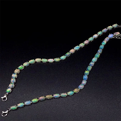 925 Sterling Silver Natural Opal Simple Bracelet Colorful Stone Bracelet Women's Fine Wedding Jewelry 24 Pc 4*6mm Fine Jewelry