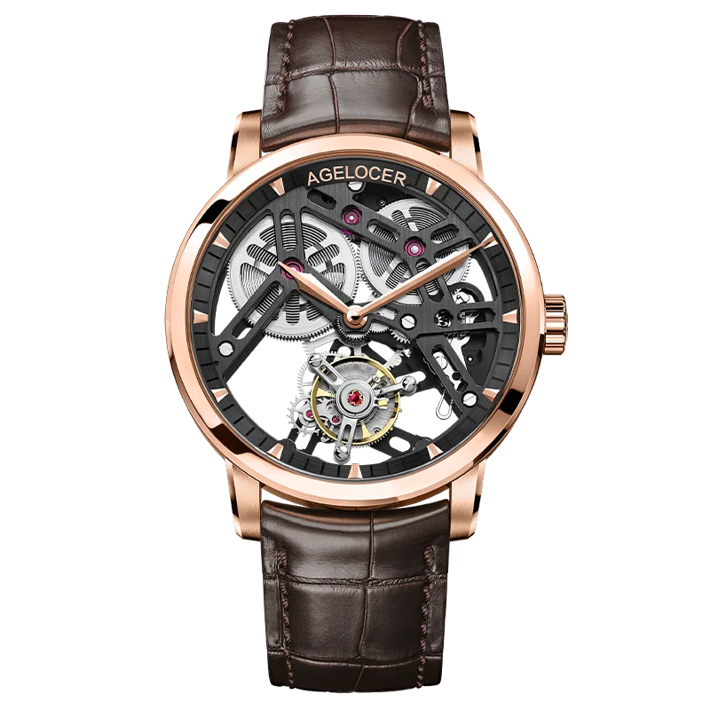 AGELOCER Original Tourbillon Watch Fashion Men's Business Formal Luxury Skeleton Manual Mechanical Watch Birthday Gift for Men