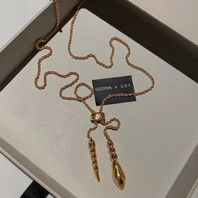 French Long Drawable Fried Dough Twists Necklace for Womne Niche High-end Fashion Banquet Vintage Pendant Sweater Chain