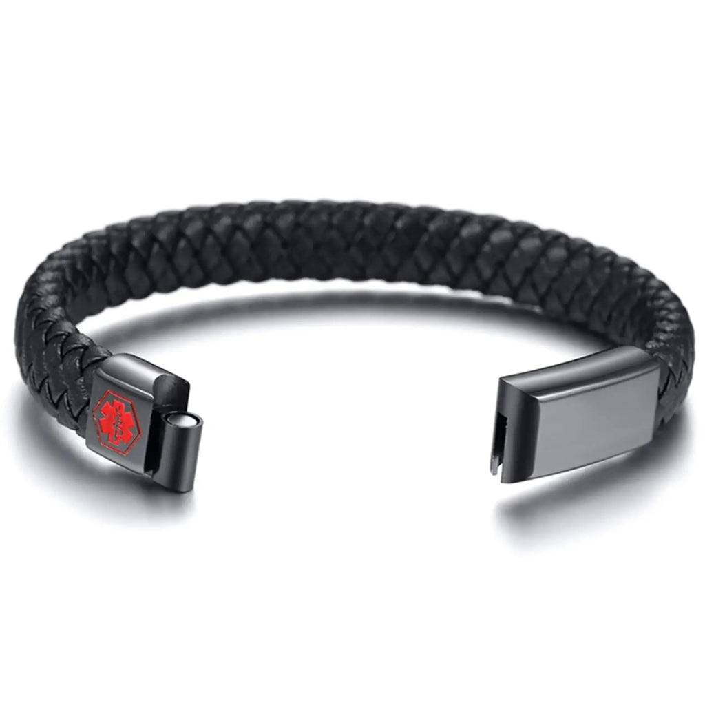Red Medical Men's Bracelet,Black Genuine Leather ID Bracelet,Type 1/2 Diabetes Alzheimer Epilepsy Customize Bracelet for Dad