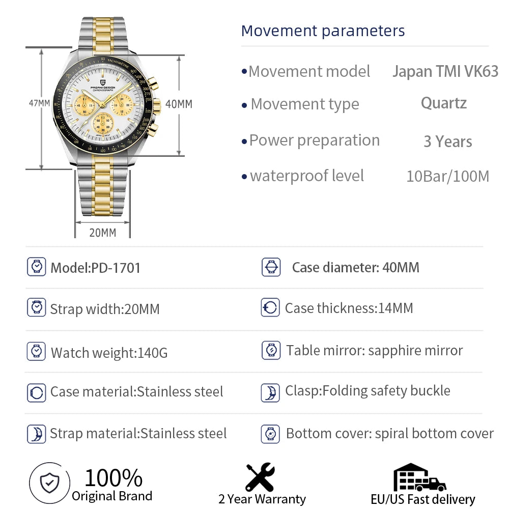 PAGANI DESIGN Silver Gold Moon Watches Luxury Quartz Watch For Men Auto Date Chronograph AR Sapphire crystal watch Men 2025 New