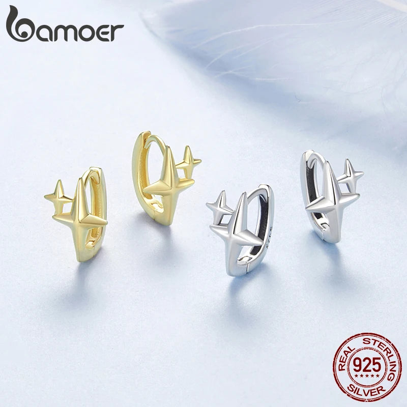 BAMOER Solid 925 Sterling Silver Starlight Hoop Earrings for Women Teens Double Star Huggie Earrings Minimalist Fine Jewelry