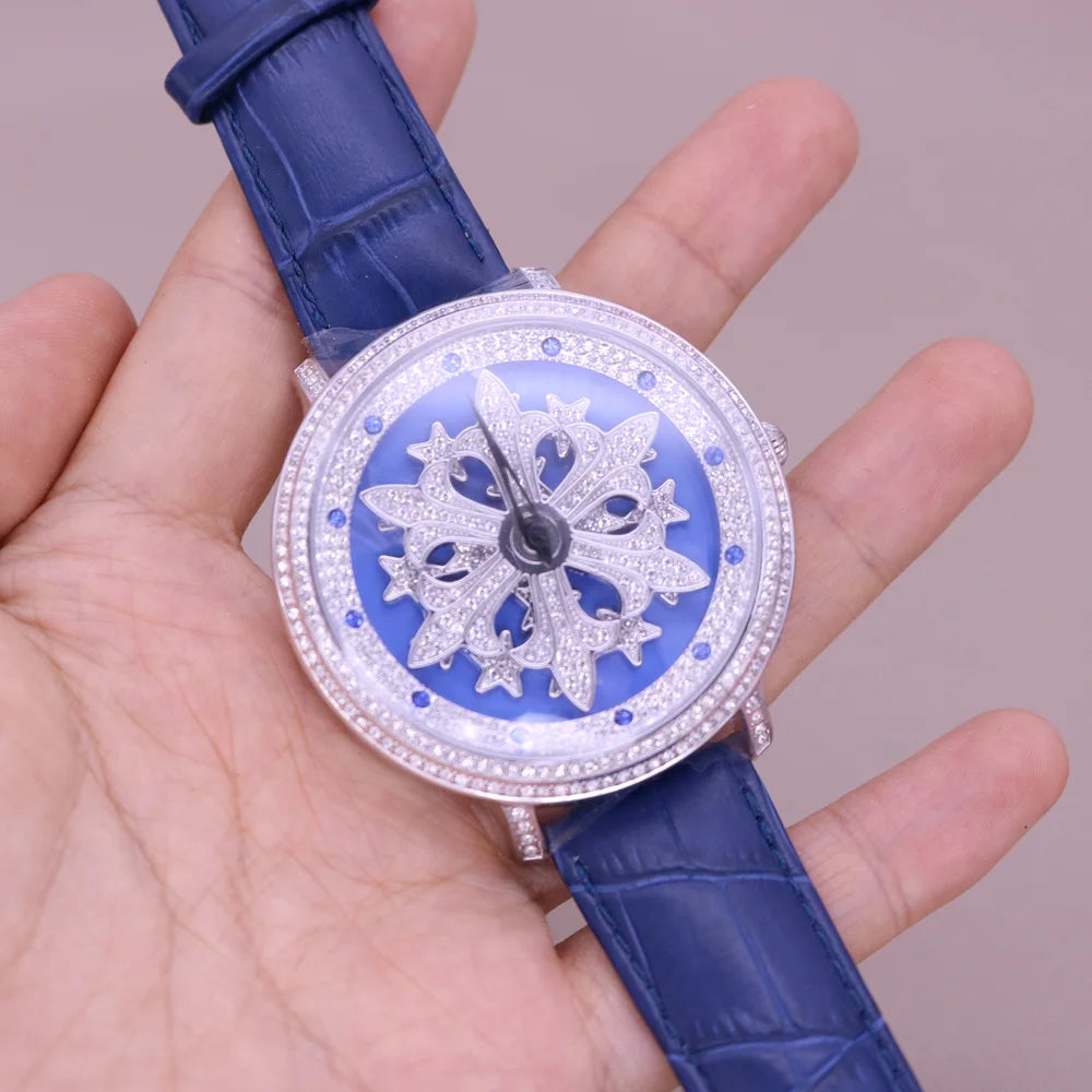 Davena Lady Women's Watch Spin Crystal Rhinestones Hours Fashion Real Leather Bracelet Luxury Girl's Birthday Gift Box