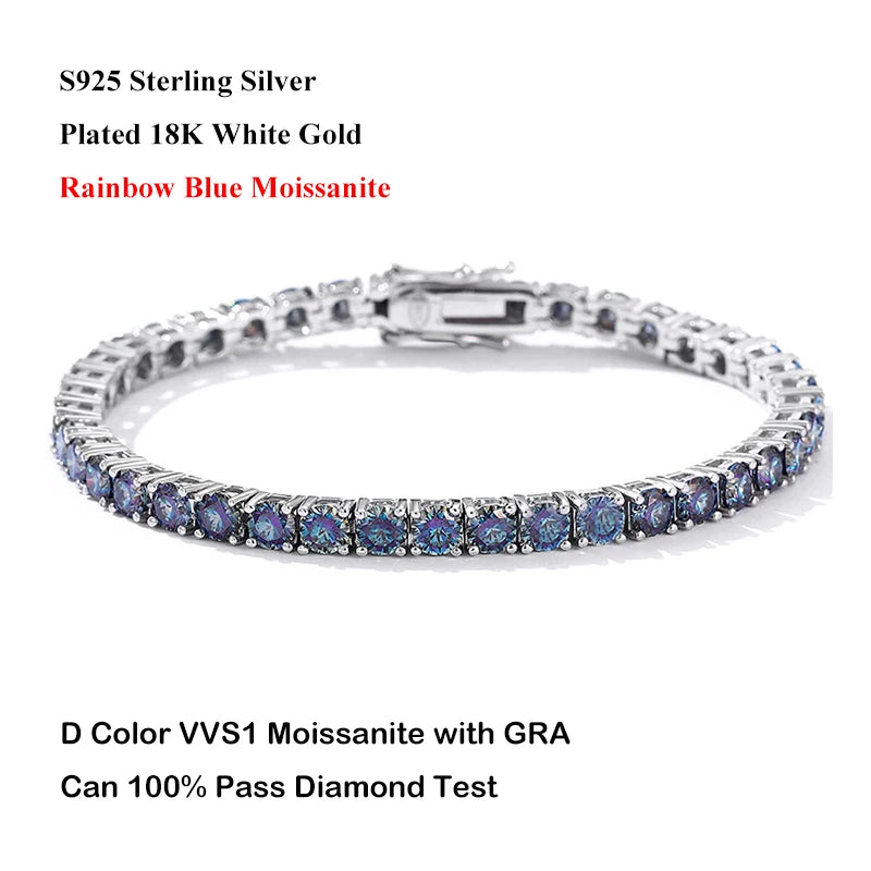 EWYA Luxury Real 3/4/5/6.5MM Full Champagne Blue Green Moissanite Tennis Bracelet for Men Women S925 All Red Diamond Bracelets