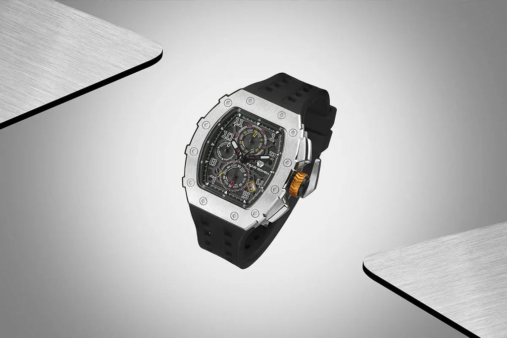 TSAR BOMBA Luxury Tonneau Quartz Watch for Men Japanese Movement, Stainless Steel Case,  Elegant Dress Wristwatch