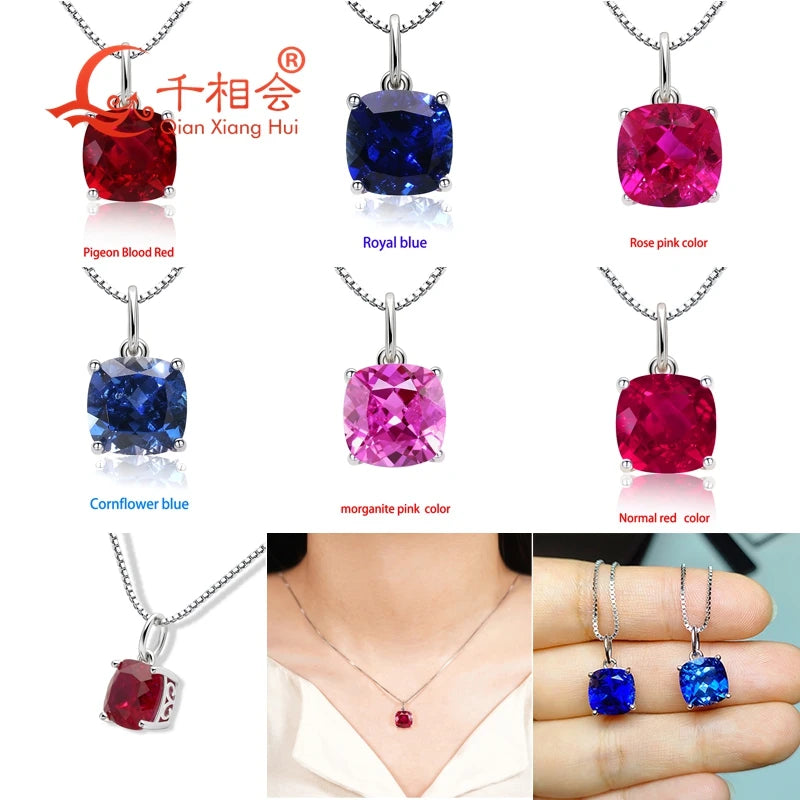 925 Silver 4ct 9*9mm Cushion Royal Blue/Cornflower Sapphire Pigeon Blood Red Ruby Inclusions Stone Jewelry for Pendant Necklace
