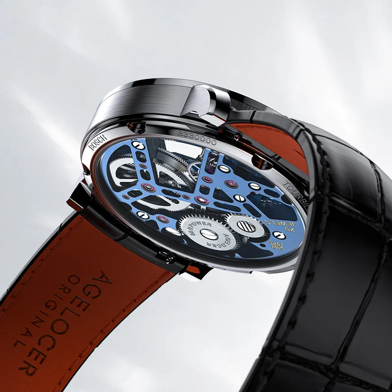 AGELOCER Original Tourbillon Watch Fashion Men's Business Formal Luxury Skeleton Manual Mechanical Watch Birthday Gift for Men