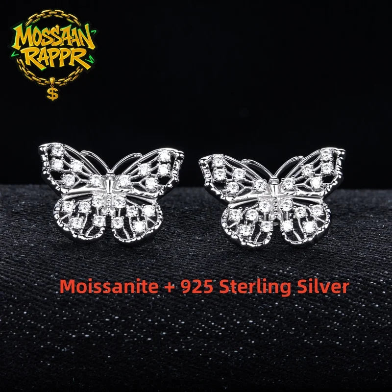MossanRappr 0.68cttw D Color Moissanite Butterfly Stud Earrings 925 Sterling Silver Hip Hop Jewelry Anniversary Gifts for Women