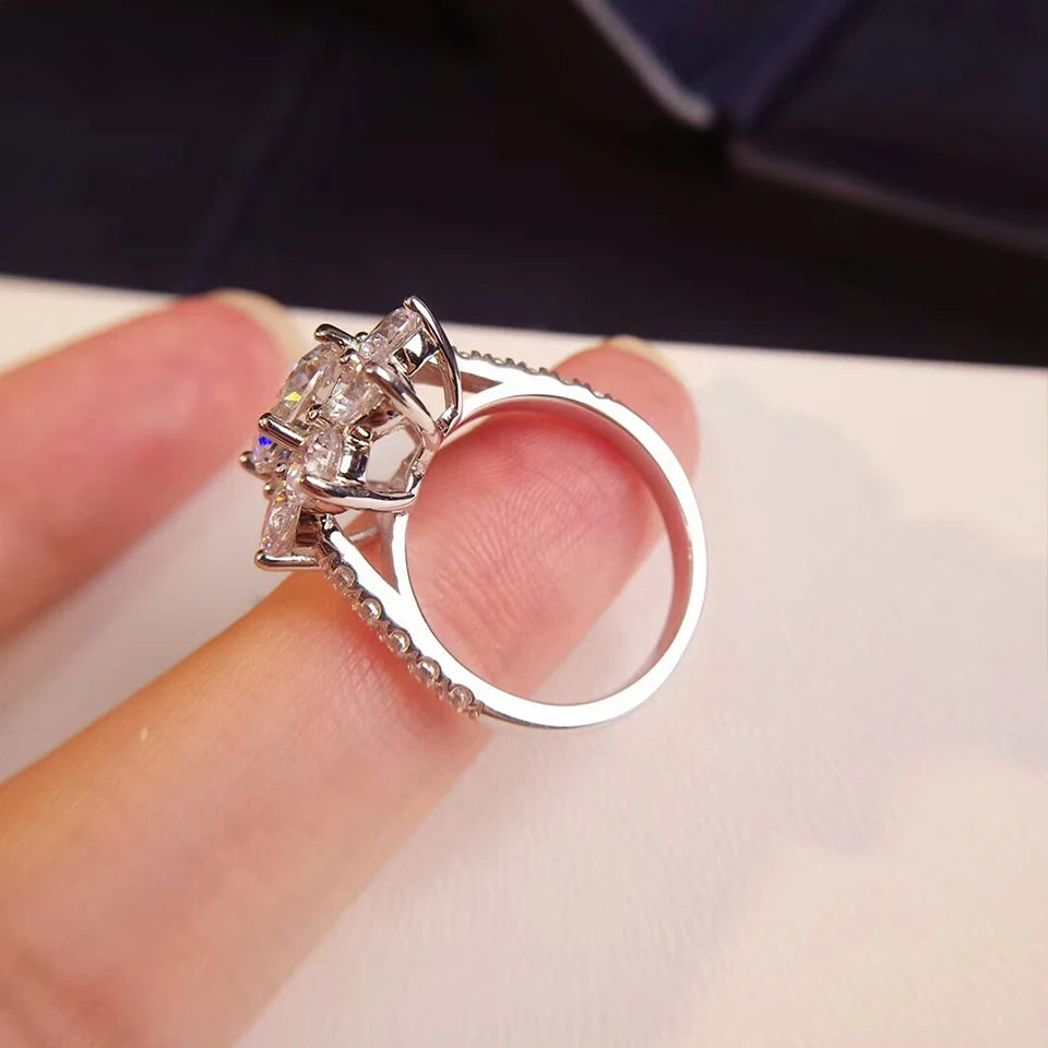 2 Carat Sunflower Real Moissanite Engagement Rings For Women 925 Sterling Silver 18K White Gold Plated Wedding Band with GRA