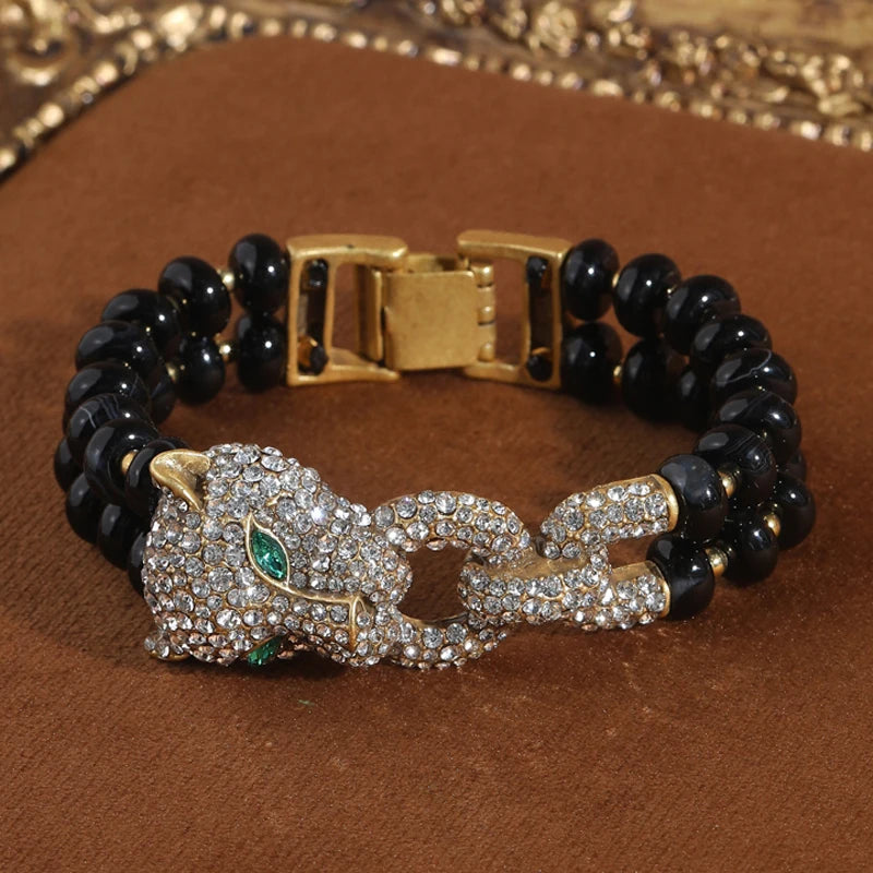 Vintage Leopard Black Beaded Bracelets For Women Natural Stones Rhinestone Luxury Jewelry Designers Bangle Girlfriend Gift 2025