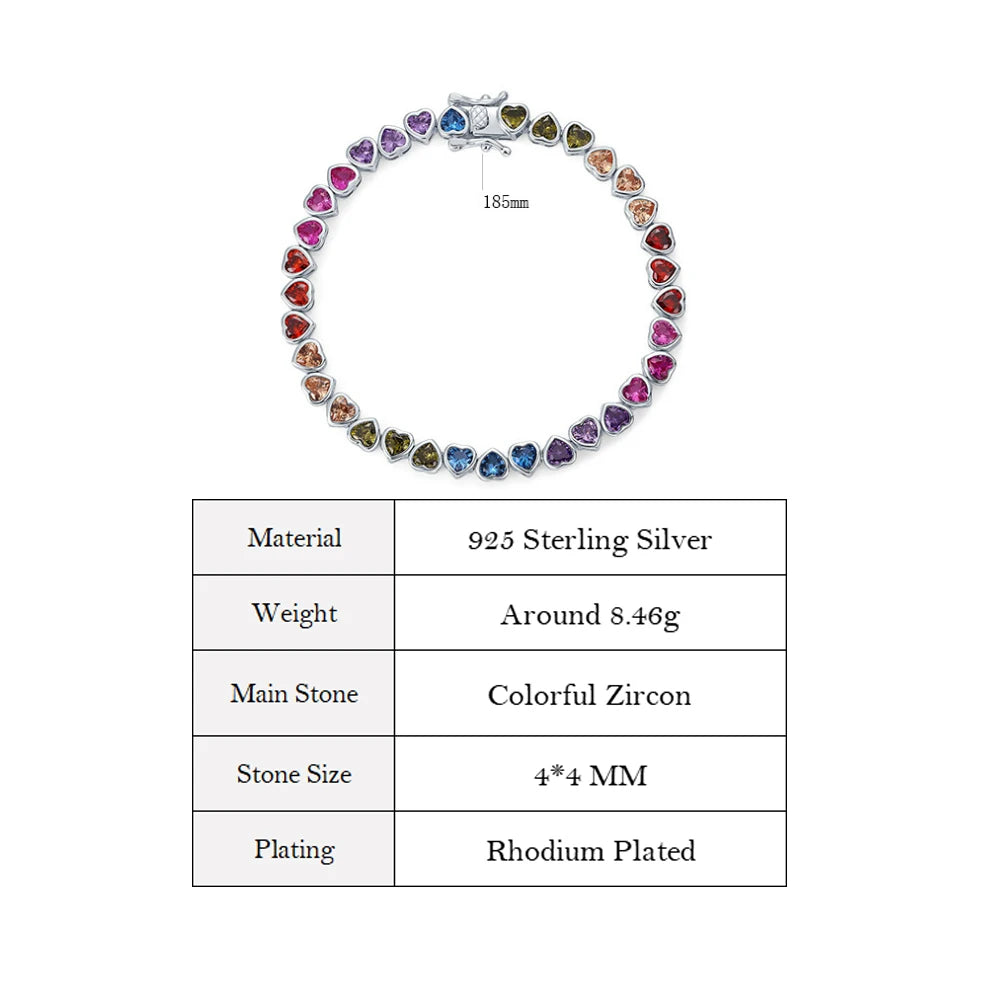 ALLNOEL 925 Sterling Silver Tennis Bracelet Colorful Rainbow CZ Heart Shaped Zircon Bracelet For Women Fine Jewelry Wholesale
