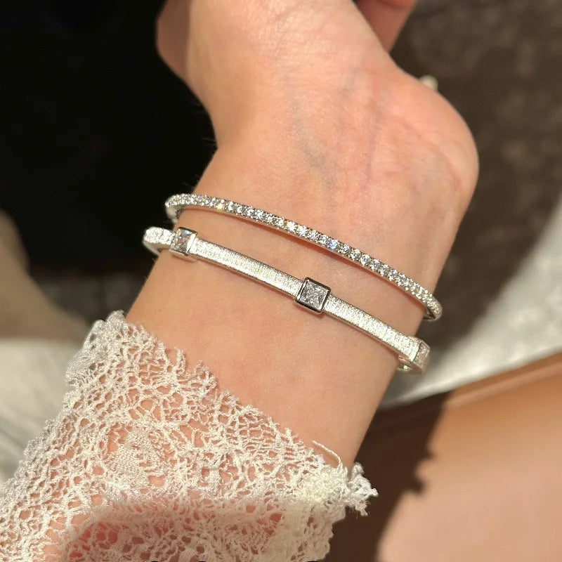 High quality fashion brushed square diamond bracelet for women silver 925 elegant luxury rhombus bangles banquet jewelry gift