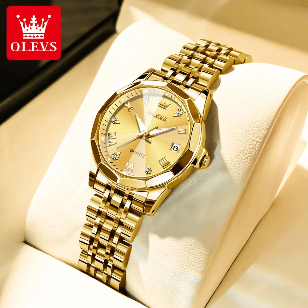 OLEVS Women Watches Elegant Luxury Stainless Steel Strap Original Quartz Wristwatch for Man Waterproof Luminous Date Trend Dress