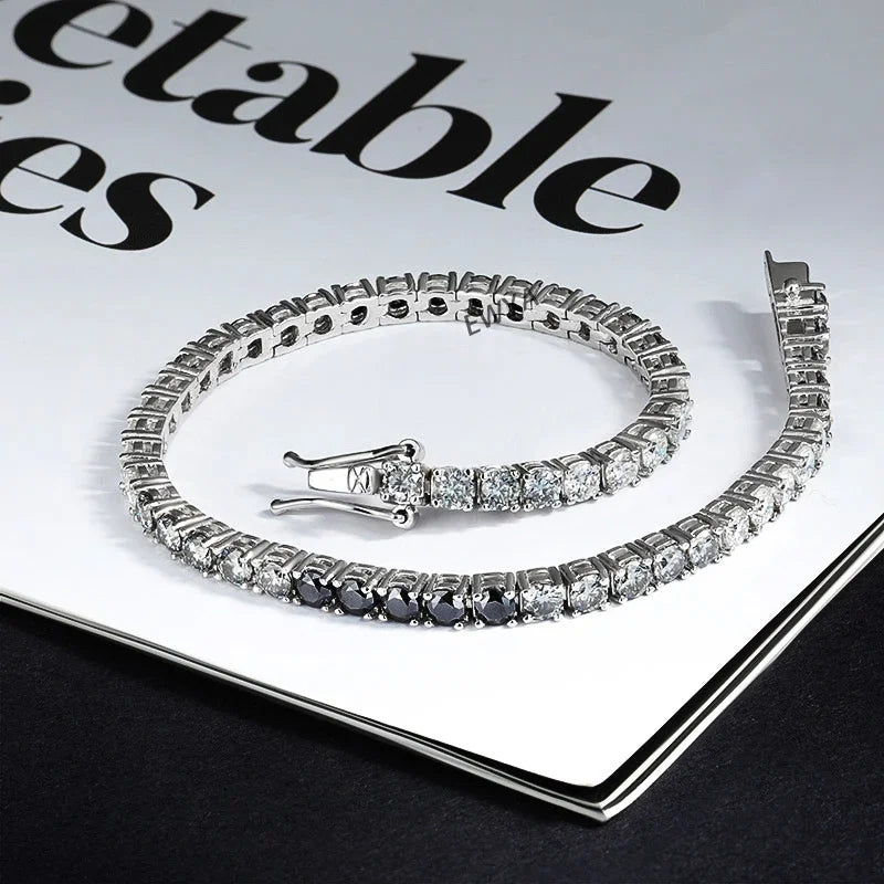EWYA 3mm 0.1CT Gradient Color Black Grey White Moissanite Diamond Tennis Bracelet for Men Women Unisex 925 Silver Link Bracelets