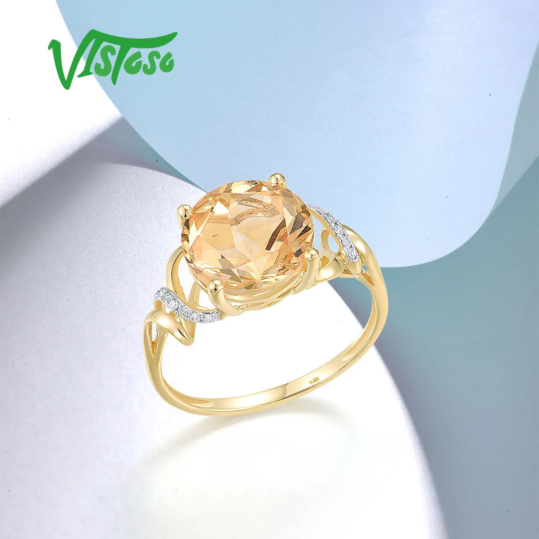 VISTOSO Genuine 14K 585 Yellow Gold Ring For Women Sparkling Diamond Citrine Attractive Wedding Engagement Dalicate Fine Jewelry
