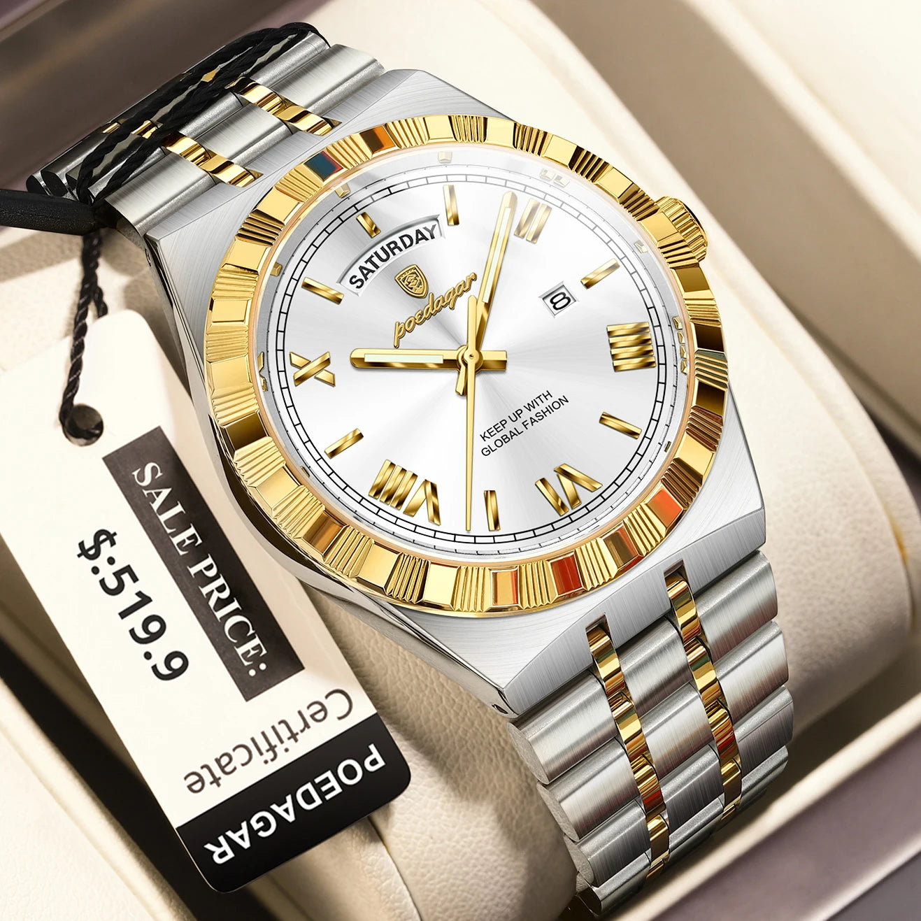 POEDAGAR Luxury Business Man Watch Week Date Waterproof Luminous Watches For Men Stainless Steel Quartz Men's Fashion Wristwatch