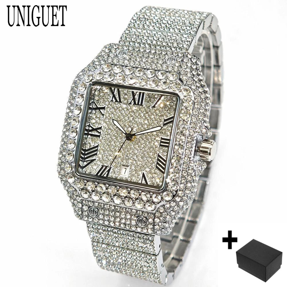 Hot Luxury Jewelry Watch For Women's UNIGUET Fashion Small Pink Dial Hip Hop Iced Diamond Quartz Wristwatch Small Size For Women