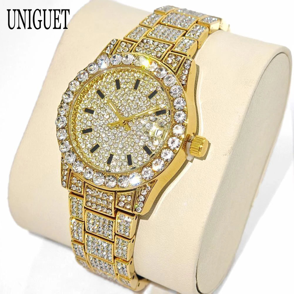 Hot Luxury Jewelry Watch For Women's UNIGUET Fashion Small Pink Dial Hip Hop Iced Diamond Quartz Wristwatch Small Size For Women