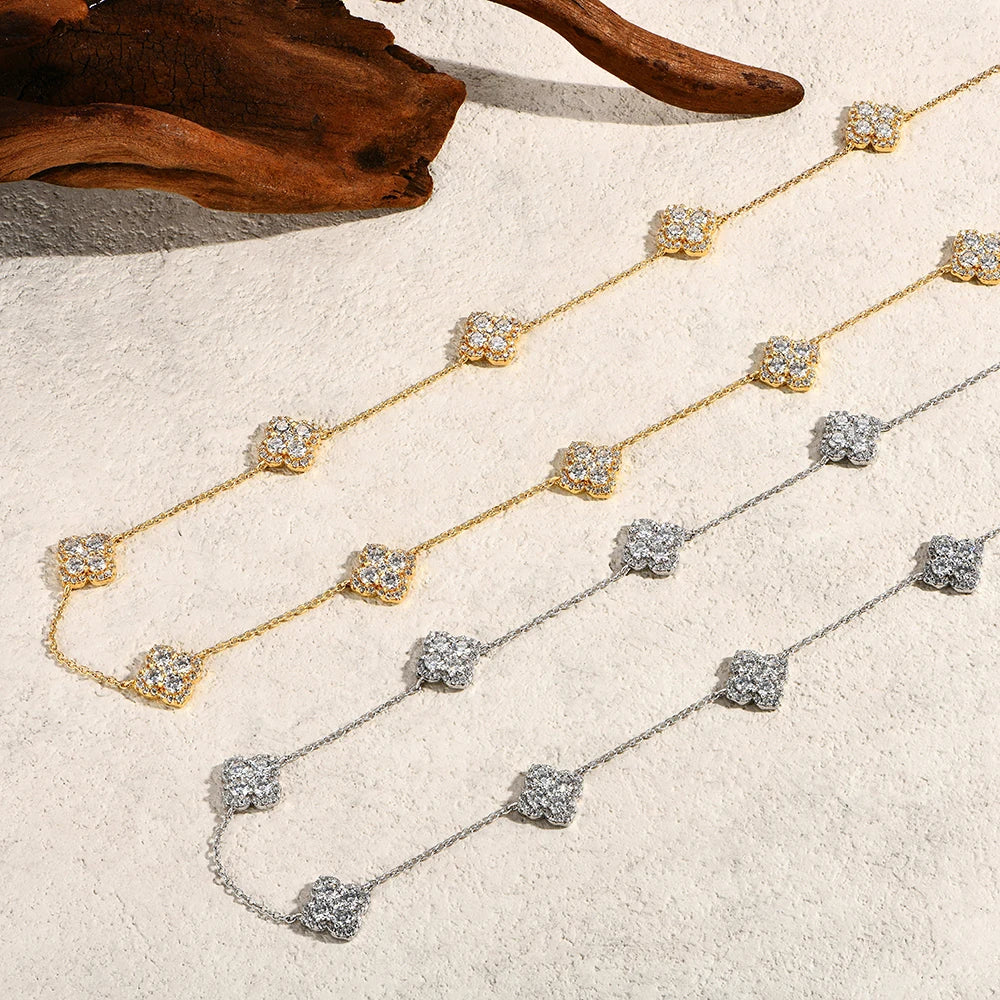 MINTYBOX Flower Moissanite Necklaces S925 Silver Lab Created Diamond Clover Charm Necklace for Women Luxury Jewelry 40+5cm