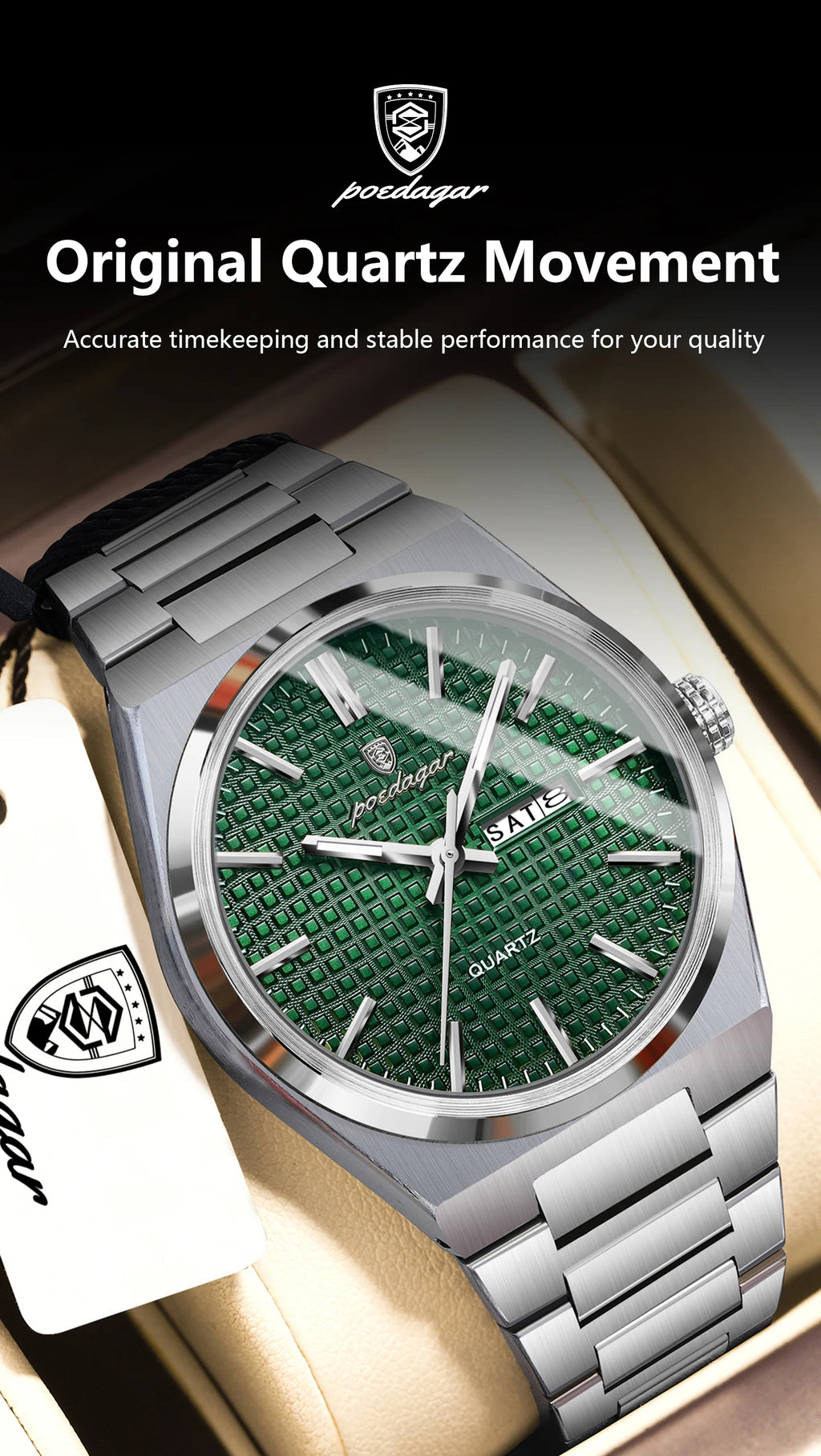 POEDAGAR Top Original Quartz Men Clock Waterproof Luminous Stainless Steel Man Wristwatch Date Week Business Men's Watches Reloj