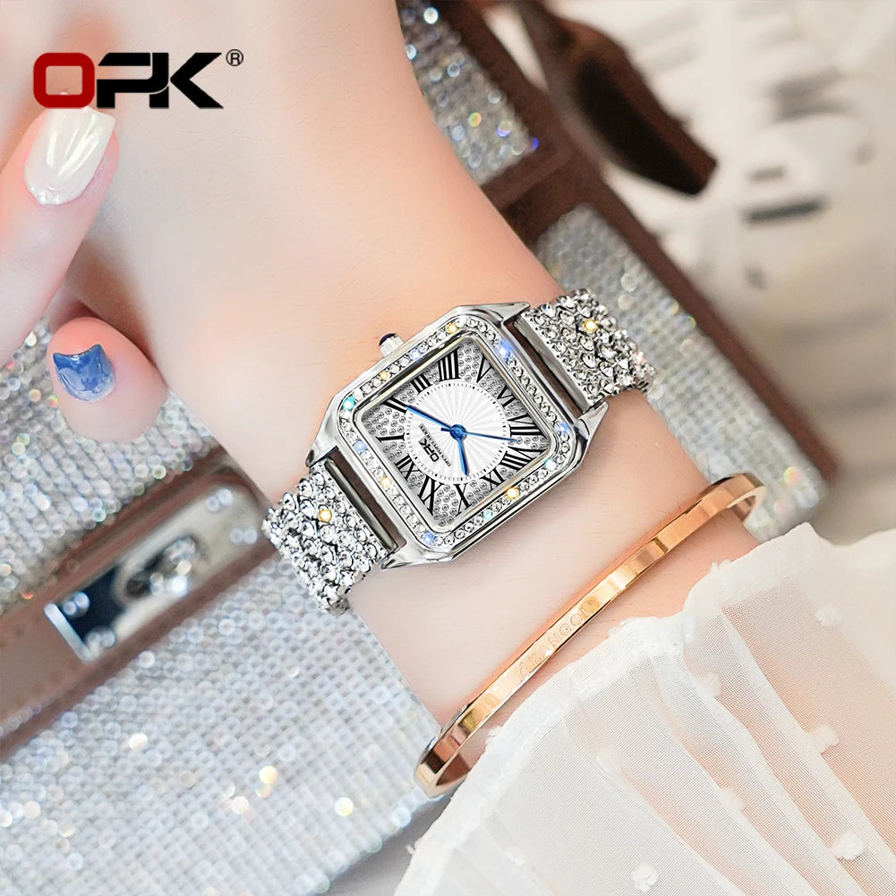 OPK Brand Full Diamond Waterproof Roman Scale Steel Belt Ladies Quartz Watch 8619