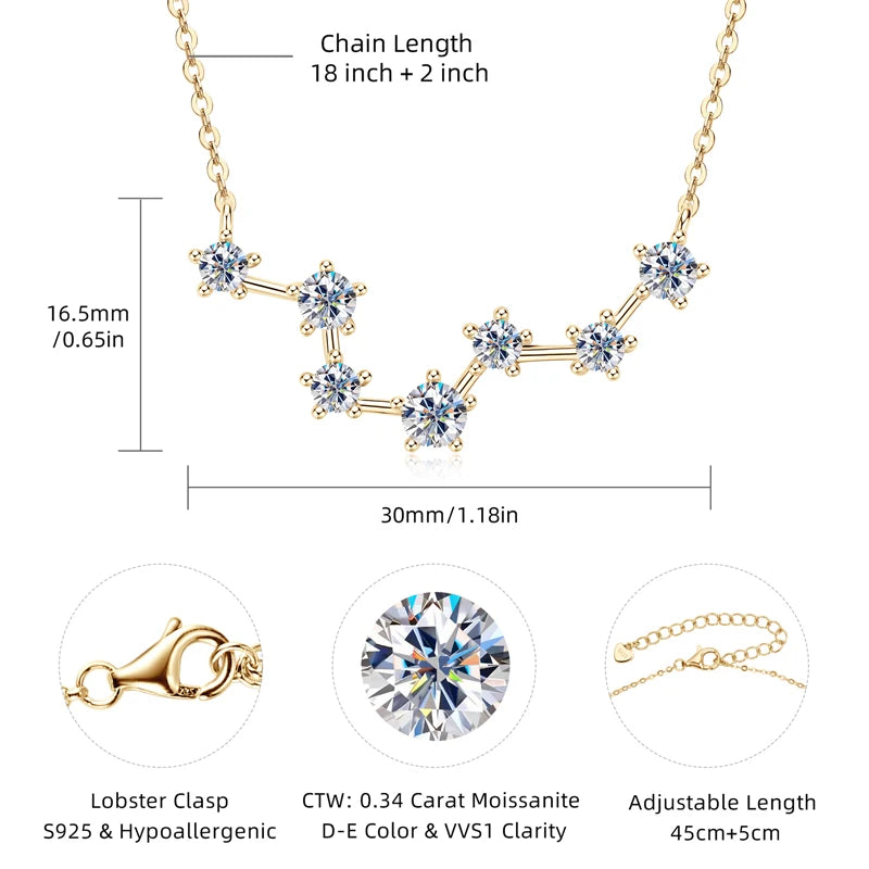 RAPRGOLD D Color VVS1 Certified Moissanite Big Dipper Pendant Necklaces S925 Sterling Silver Women's Jewelry Chains for Wedding