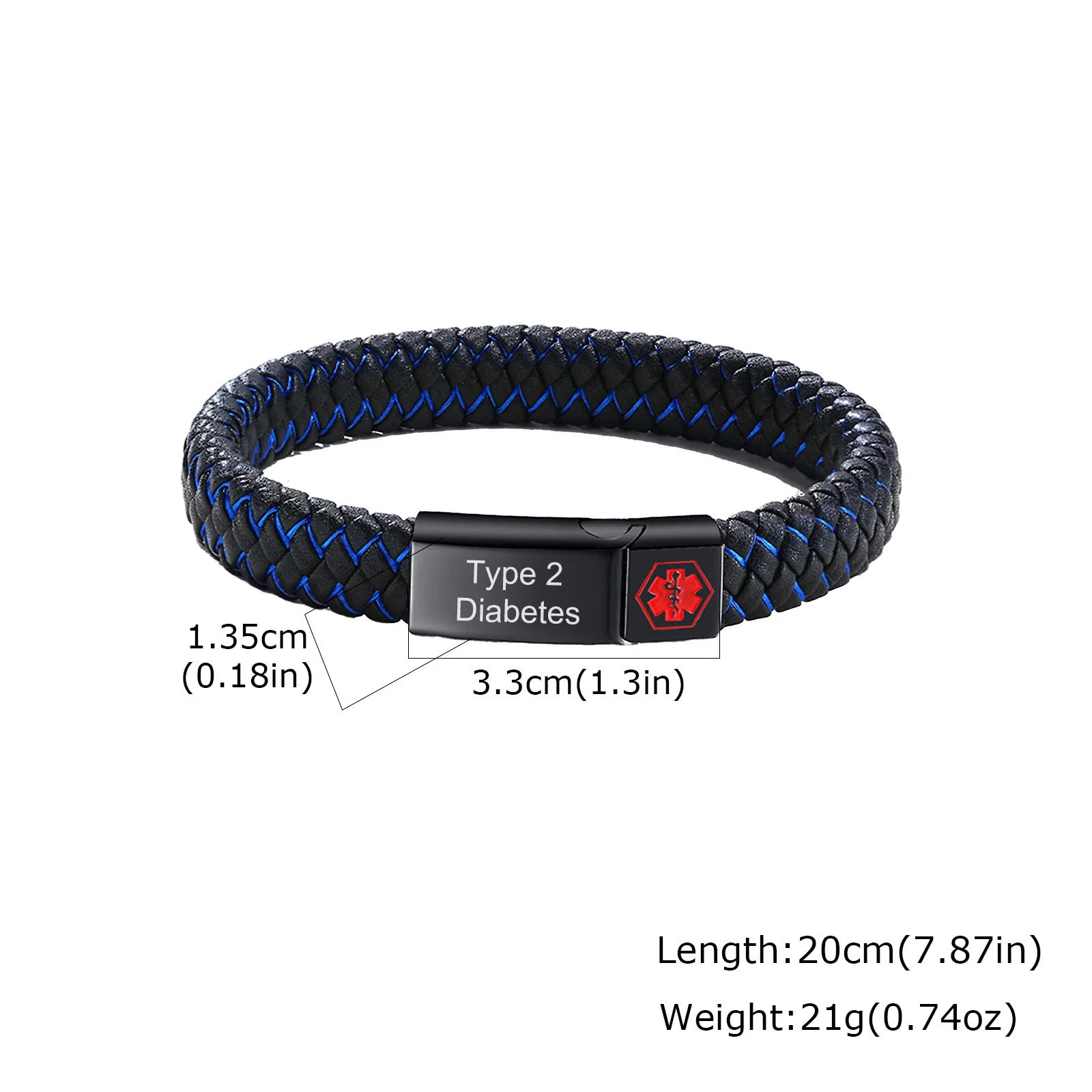 Red Medical Men's Bracelet,Black Genuine Leather ID Bracelet,Type 1/2 Diabetes Alzheimer Epilepsy Customize Bracelet for Dad