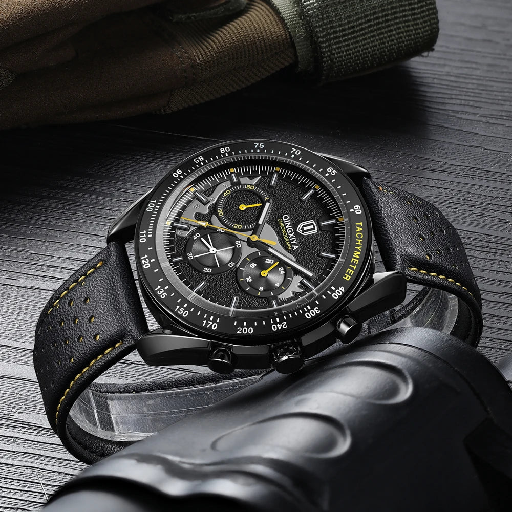 QINGXIYA Watch for Man Fashion Quartz Watch Leather Waterproof Luminous Skeleton Sport Chronograph Watches Mens Reloj Hombre