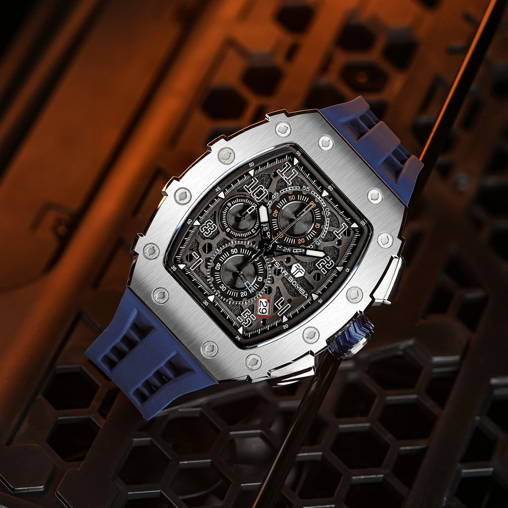 TSAR BOMBA Luxury Tonneau Quartz Watch for Men Japanese Movement, Stainless Steel Case,  Elegant Dress Wristwatch