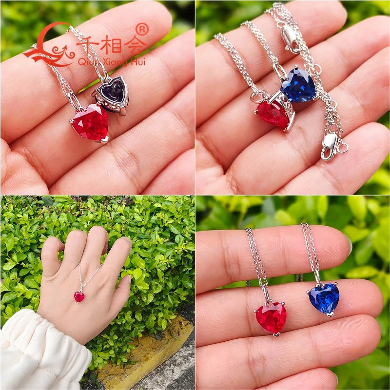 3.6ct 9*9mm S925 Silver Heart Shape Lab Grown Royal Blue/Cornflower Sapphire Pigeon Blood Red Inclusions Stone Pendant Necklace