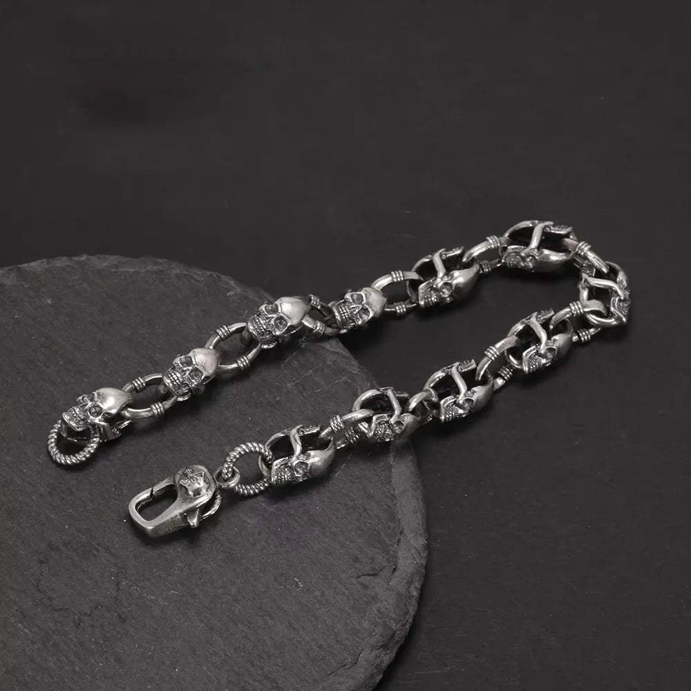 Real 925 Sterling Silver Skull Chain Bracelet for Men and Women Gothic Domineering Street Rock Jewelry Gift