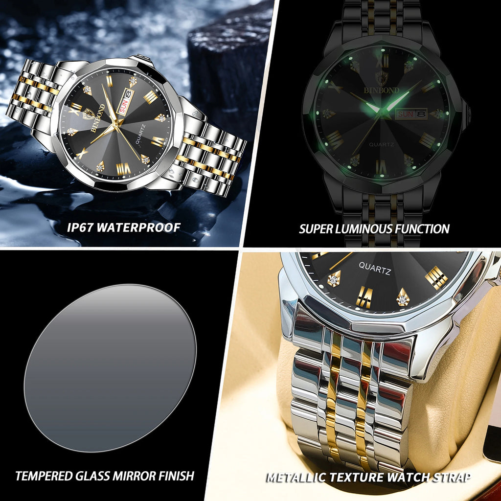 BINBOND Taper Glass Luxury Quartz Wristwatches For Men Luminous Waterproof Precise Durable men's Watch Stainless Steel Reloj