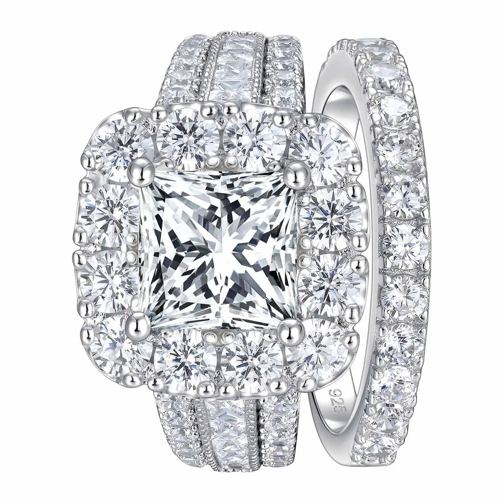 Newshe 2Pcs 925 Silver Wedding Rings Set for Women Halo Princess Cut White Cubic Zircon Vintage Luxury Jewelry Engagement Ring