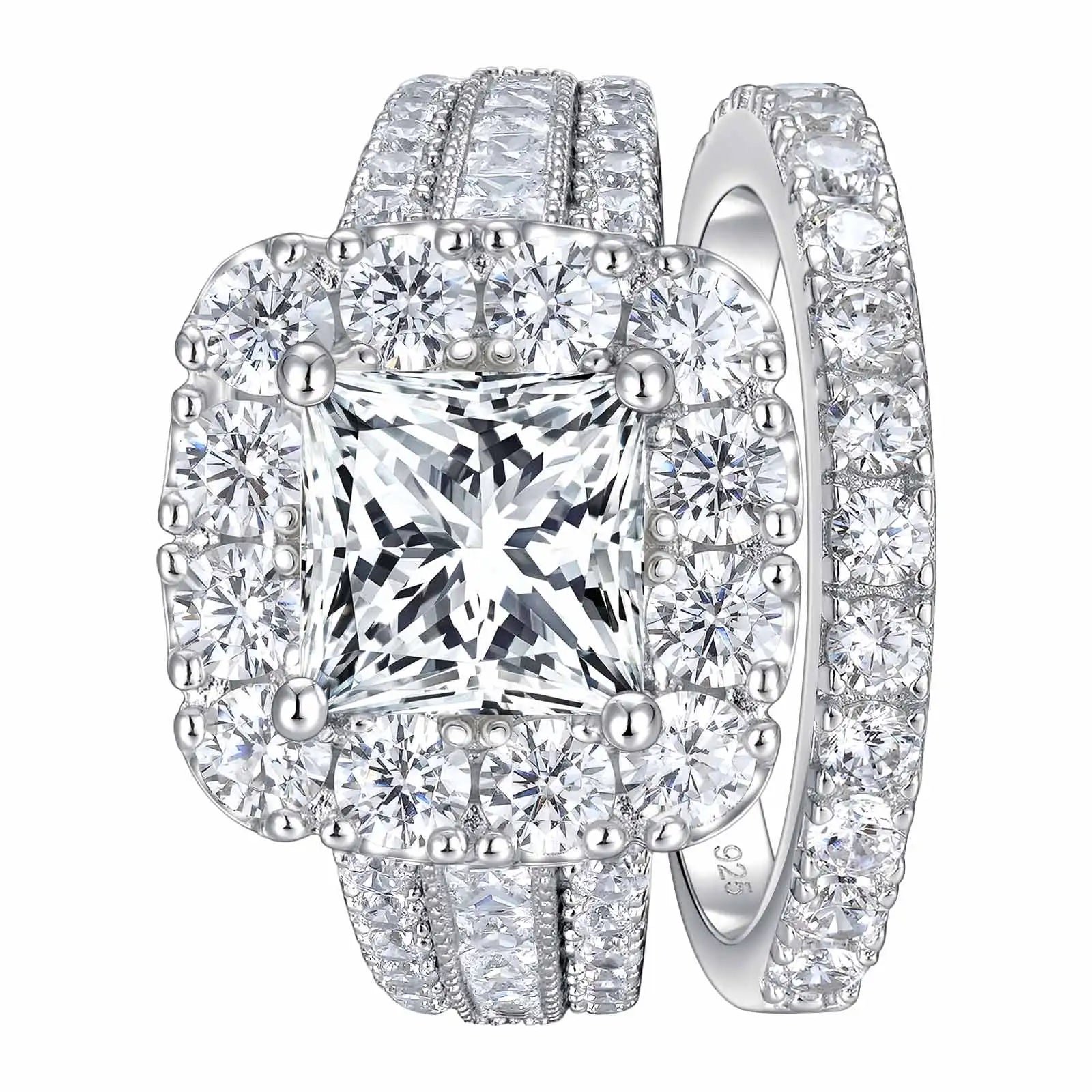 Newshe 2Pcs 925 Silver Wedding Rings Set for Women Halo Princess Cut White Cubic Zircon Vintage Luxury Jewelry Engagement Ring